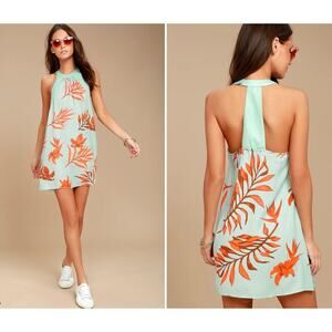 NWT Lulus Capri Seas Mint Green Tropical Print Mini Dress Halter Size Medium